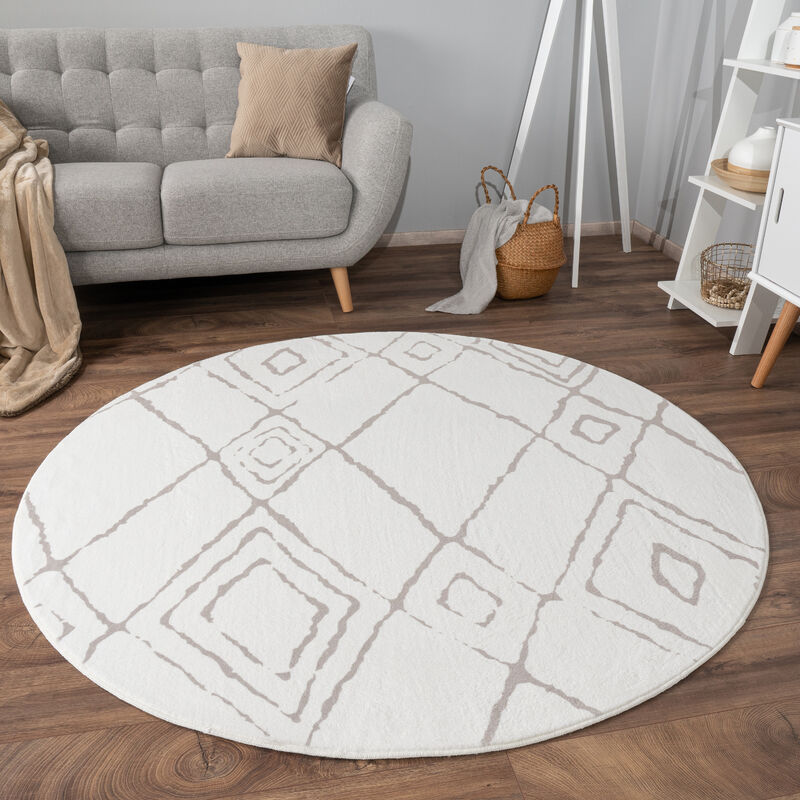foto del prodotto alfombra salon de habitacion pelo corto boho nordica dibujo geometrico redonda 160 cm tondo, crema paco home