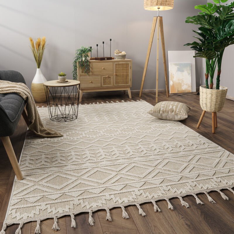 foto del prodotto alfombra salon de habitacion pelo corto motivo boho chic motivo nordica flecos 80x150 cm, crema 2 - paco home