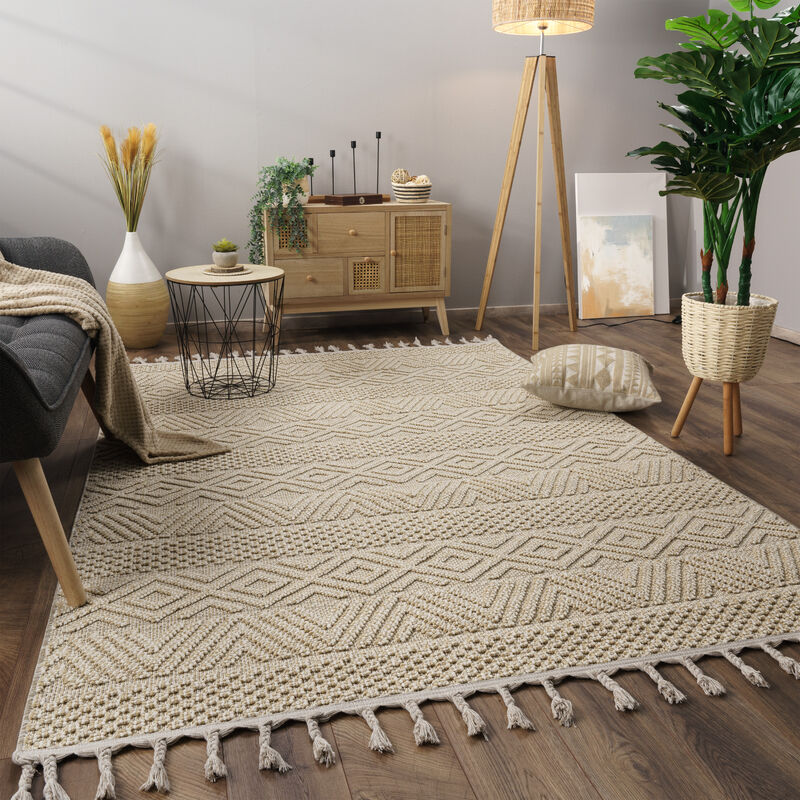 foto del prodotto alfombra salon de habitacion pelo corto motivo boho chic motivo nordica flecos 80x150 cm, crema paco home