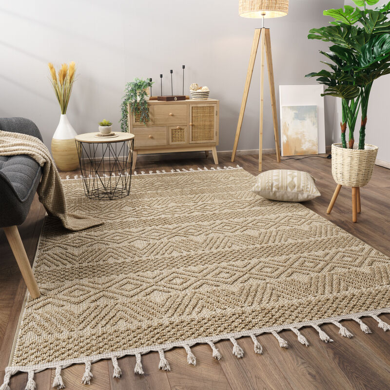 foto del prodotto alfombra salon de habitacion pelo corto motivo boho chic motivo nordica flecos 80x150 cm, natura paco home