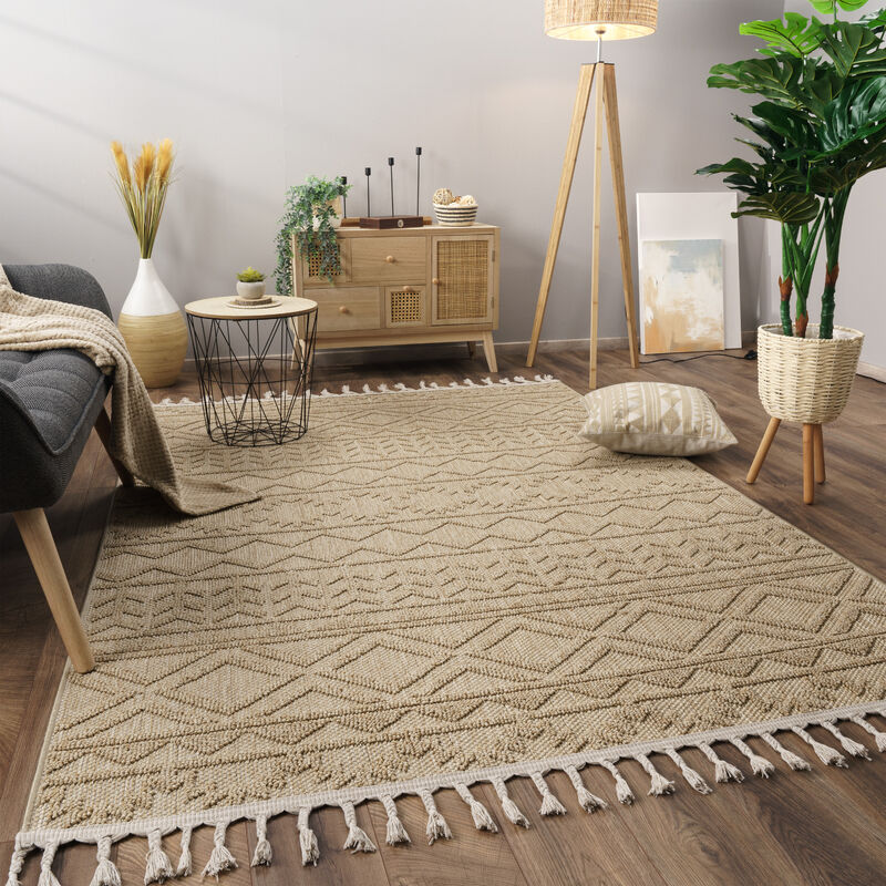 foto del prodotto alfombra salon de habitacion pelo corto motivo boho chic motivo nordica flecos beige, 120x160 cm paco home
