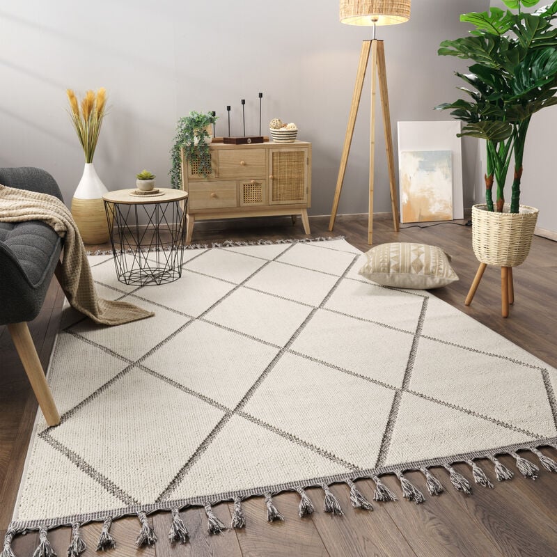 foto del prodotto alfombra salon de habitacion pelo corto motivo boho chic motivo nordica flecos grigio, 120x160 cm paco home