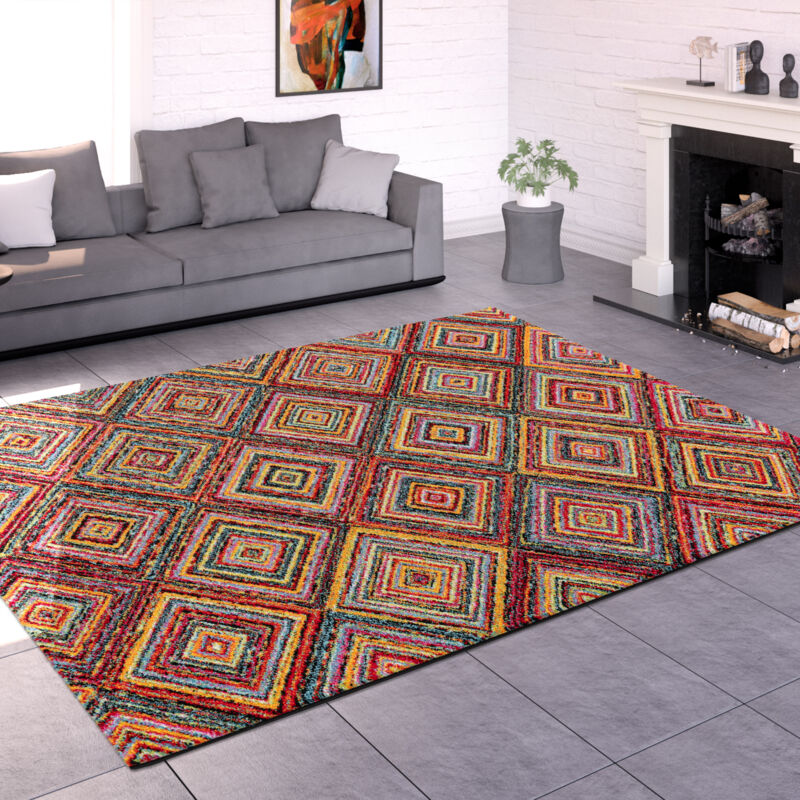 foto del prodotto alfombra salon de habitacion pelo corto motivo etnica dibujo geometrico rombo 160x230 cm, multicolore 2 paco home