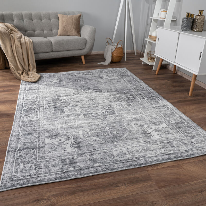 foto del prodotto alfombra salon de habitacion pelo corto motivo oriental ornament suave 80x150 cm, grigio paco home