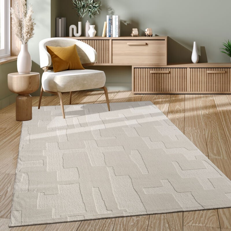 foto del prodotto alfombra salon de habitacion pelo corto nordica dibujo geometrico boho lisa 120x170 cm, crema 2 - paco home