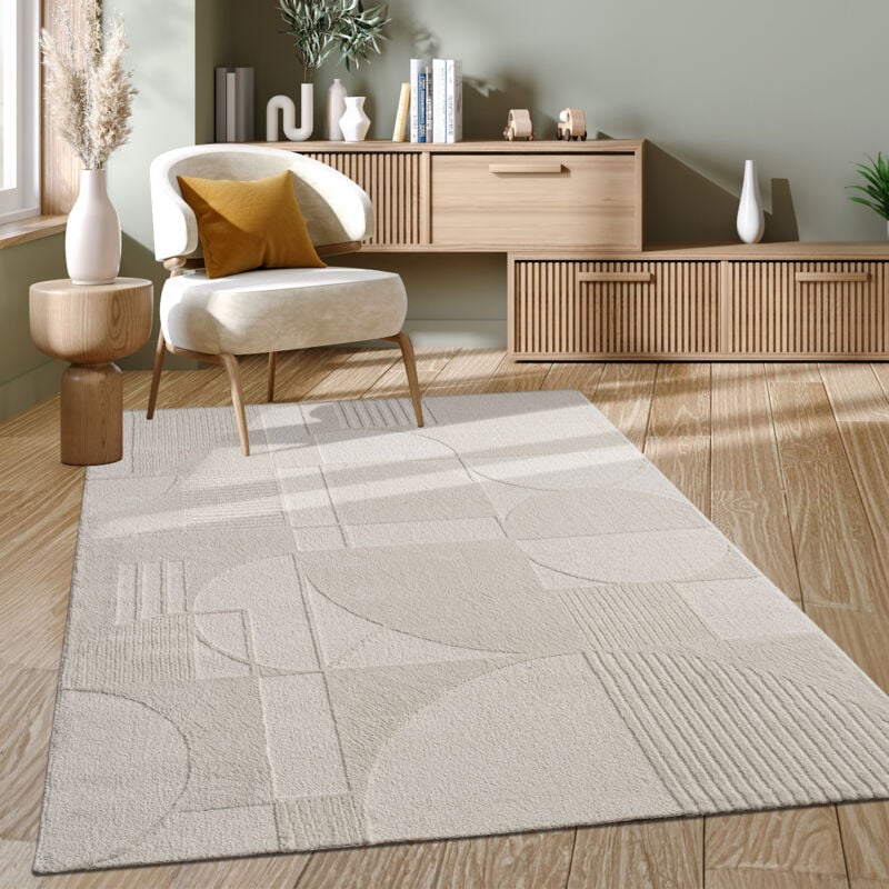foto del prodotto alfombra salon de habitacion pelo corto nordica dibujo geometrico boho lisa 120x170 cm, crema - paco home