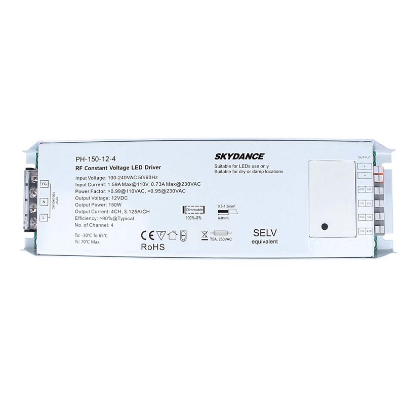 foto del prodotto alimentatore dimmerabile cv 12v 150w 4 canali con pulsante n.o. e telecomando rf 2.4g per striscia led ph-150-12-4