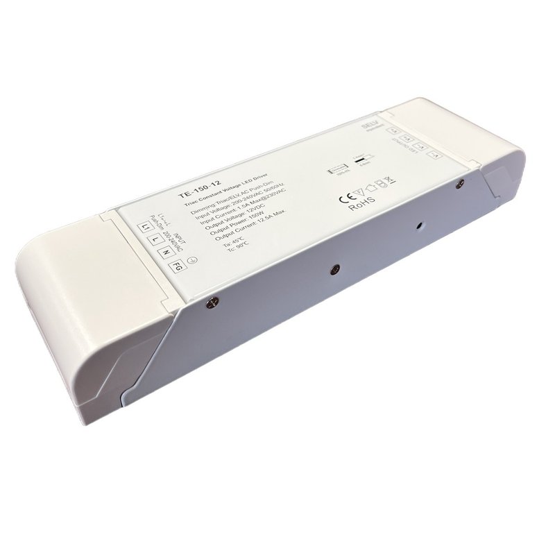 foto del prodotto alimentatore dimmerabile cv 12v 150w triac elv pulsante n.o. varialuce su 220v per striscia led te 150 12