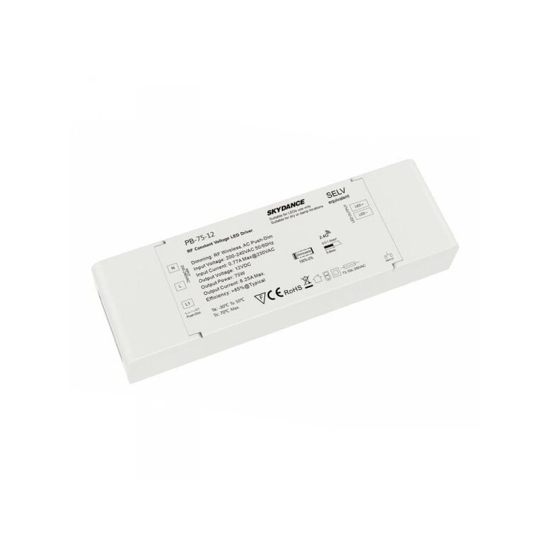 foto del prodotto alimentatore dimmerabile cv 12v 75w con pulsante n.o. e telecomando rf 2.4g per striscia led 12v pb 75 12