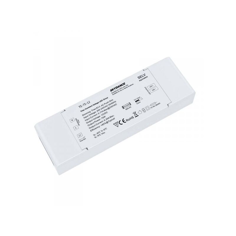 foto del prodotto alimentatore dimmerabile cv 12v 75w triac pulsante n.o. varialuce su 220v per striscia led 12v te 75 12