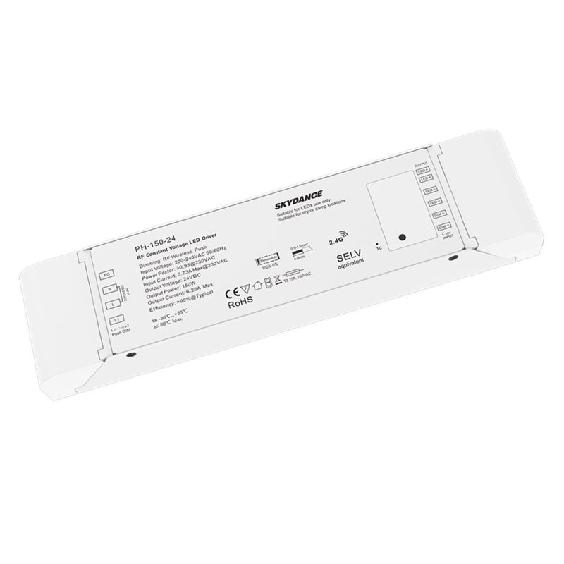 foto del prodotto alimentatore dimmerabile cv 24v 150w con pulsante n.o. e telecomando rf 2.4g per striscia led 24v ph 150 24
