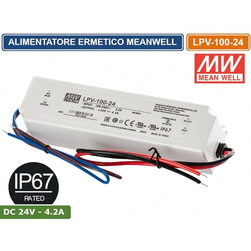 foto del prodotto alimentatore driver led meanwell lpv-100-24 tensione costante dc24v 4.2a 100w singola uscita ip67