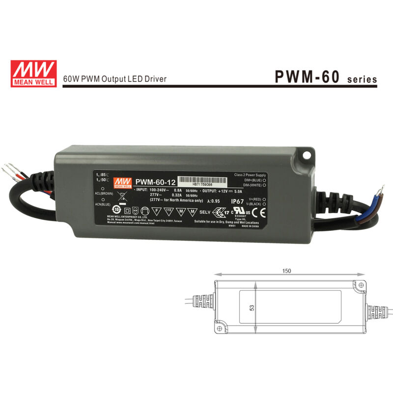 foto del prodotto alimentatore led mw mean well pwm-60-12 dimmerabile 60w 12v ip67 dimming 3 in 1 0-10v 10v pwm resistance