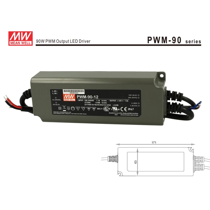 foto del prodotto alimentatore led mw mean well pwm 90 12 dimmerabile 90w 12v ip67 dimming 3 in 1 0 10v 10v pwm resistance