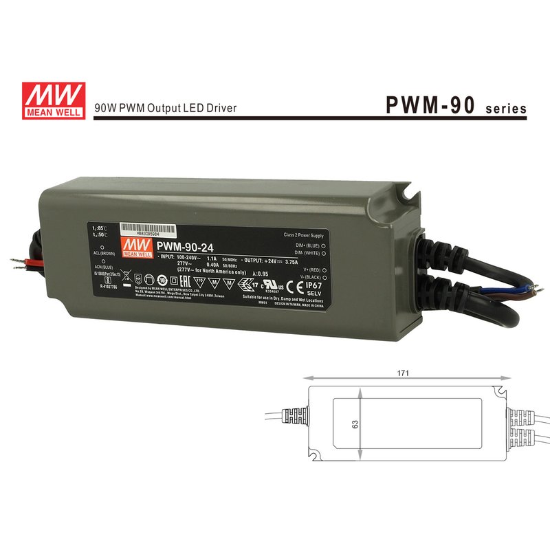 foto del prodotto alimentatore led mw mean well pwm-90-24 dimmerabile 90w 24v ip67 dimming 3 in 1 0-10v 10v pwm resistance