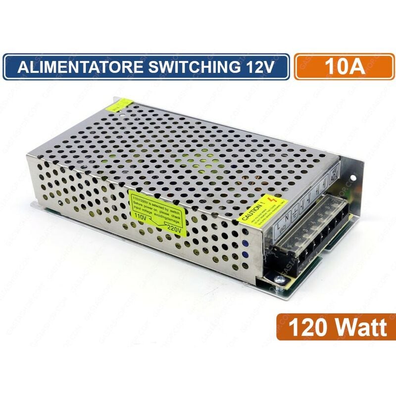 foto del prodotto alimentatore metallico stabilizzato switching con trimmer 220v 12v 10a 120 watt per illuminazione e sistemi di videosorveglianza cctv