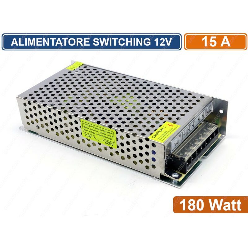 foto del prodotto alimentatore metallico stabilizzato switching con trimmer 220v 12v 15a 180 watt per illuminazione e sistemi di videosorveglianza cctv