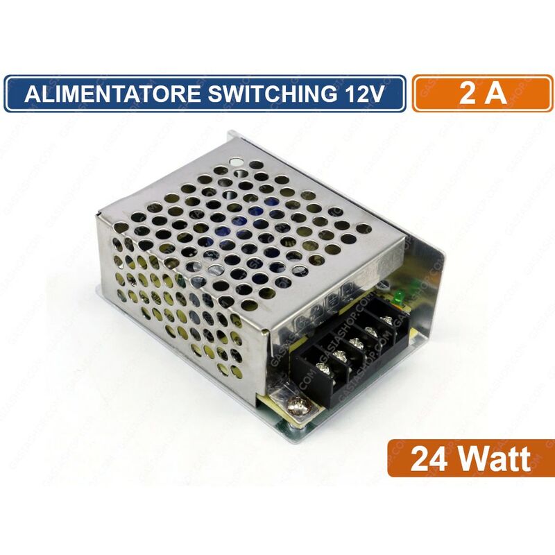 foto del prodotto alimentatore metallico stabilizzato switching con trimmer 220v 12v 2a 24 watt per illuminazione e sistemi di videosorveglianza cctv