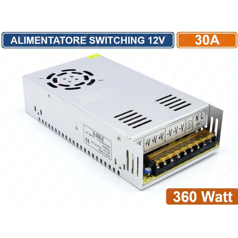 foto del prodotto alimentatore metallico stabilizzato switching con trimmer 220v 12v 30a 360 watt per illuminazione e sistemi di videosorveglianza cctv