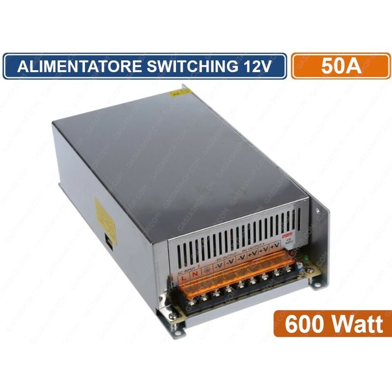 foto del prodotto alimentatore metallico stabilizzato switching con trimmer 220v 12v 50a 600 watt per illuminazione e sistemi di videosorveglianza cctv