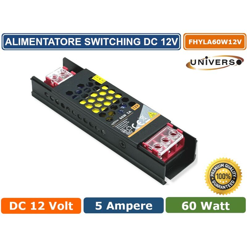 foto del prodotto alimentatore slim metallico stabilizzato switching trimmer 220v dc12v 5a 60 watt colore nero
