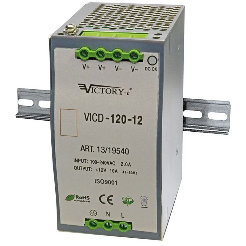 foto del prodotto alimentatore switching 24vdc 5a 120w, guida din ts 35 7.5 e ts 35 15 victory vicd 120 24