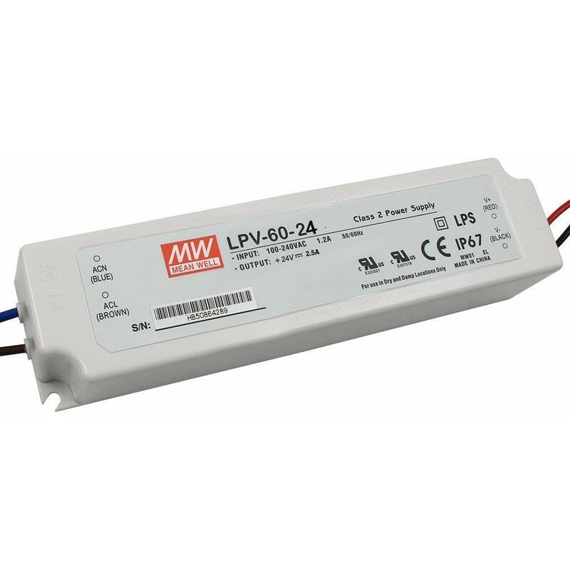 foto del prodotto alimentatore switching 60w 24vdc 2.5a singola uscita lpv 60 24 ip67 meanwell