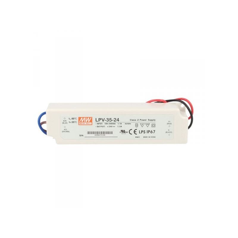 foto del prodotto alimentatore trasformatore cv mw mean well impermeabile ip67 24v 35w 1,5a lpv 35 24 input 220v e 110v