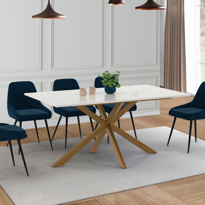 foto del prodotto alix tavolo da pranzo rettangolare per 8 persone con gamba a ragno in ottone e piano effetto marmo bianco alaska 160 cm