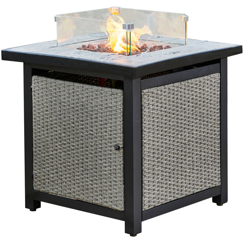 foto del prodotto all aperto giardino rattan gas propano braciere bruciatore da tavolo, braciere senza fumo, riscaldatore per mobili da patio con schermo in vetro,