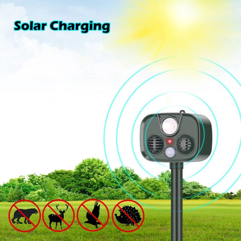 foto del prodotto allarme antifurto per esterni alimentato ad energia solare, repellente per animali ad ultrasuoni