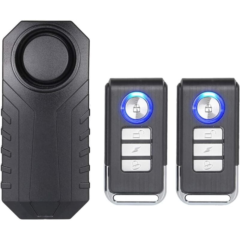 foto del prodotto allarme moto bici wireless, con suono super forte da 113 db, 7 livelli di sensibilità 2 telecomandi inclusi
