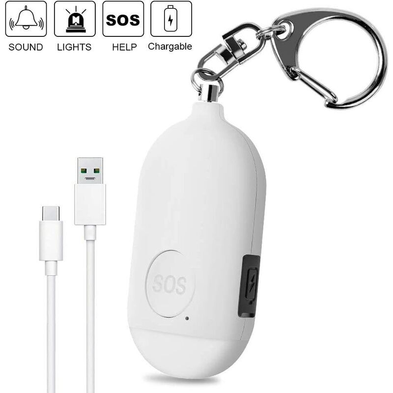 foto del prodotto allarme personale 130db usb ricaricabile con torcia a led funzione impermeabile autodifesa per la sicurezza personale per donne, bambini, anziani,