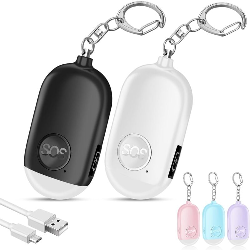 foto del prodotto allarme personale antiaggressione ricaricabile da 130 db, confezione da 2, con portachiavi e torcia a led, per donne, bambini e anziani bianco e