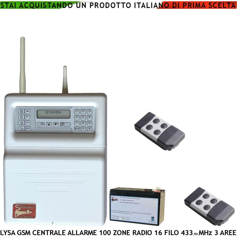 foto del prodotto allarme radio filo lysa gsm centrale con 2 radiocomandi 100 zone radio 433,92 mhz batteria 12 v 7 ah 16 zone filo 3 aree memoria eventi sydra app