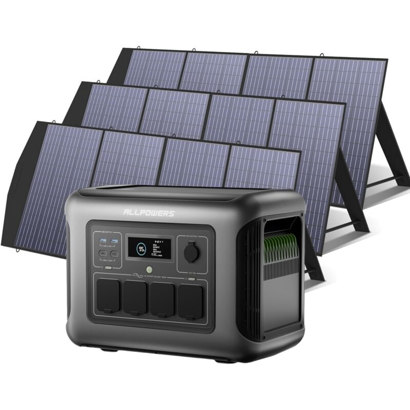 foto del prodotto allpowers r1500 lite 2025 nuovo centrale elettrica portatile con 3 x 200w pannello solare, lfp batteria da 1056wh, 4 uscite ac da 1600w 3200w