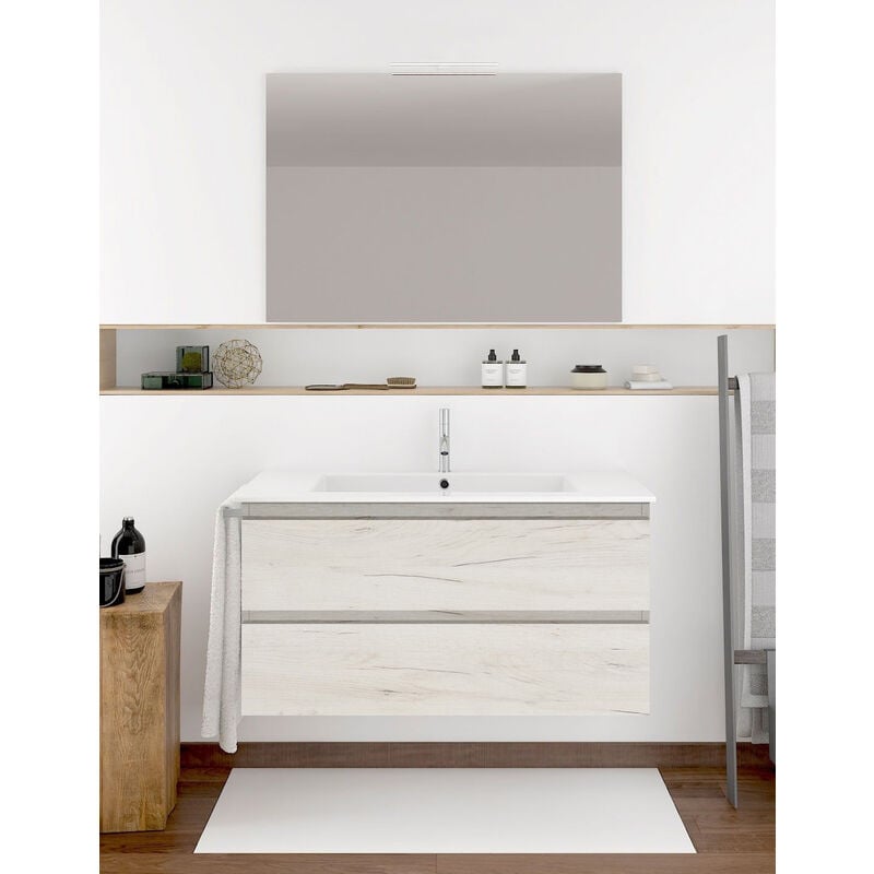 foto del prodotto allstone set da bagno ibiza 2 cassetti 8 colori diversi 15 misure include mobili, lavabo e specchio bianco nordico 100x45cm