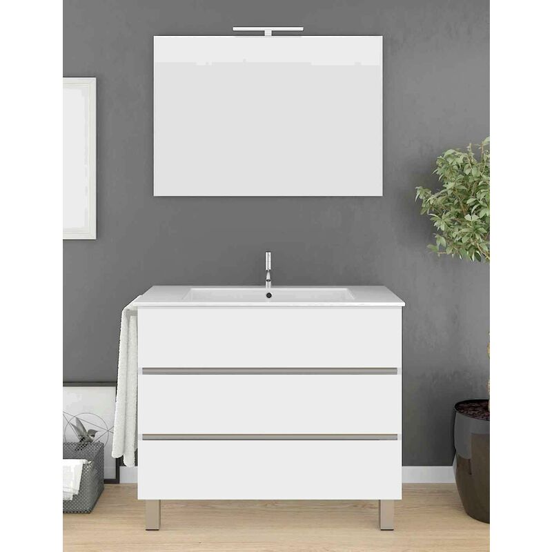 foto del prodotto allstone - set da bagno imperia 3 cassetti - 10 colori diversi - 15 misure - include mobile, lavabo e specchio - bianco lucido 80x45cm