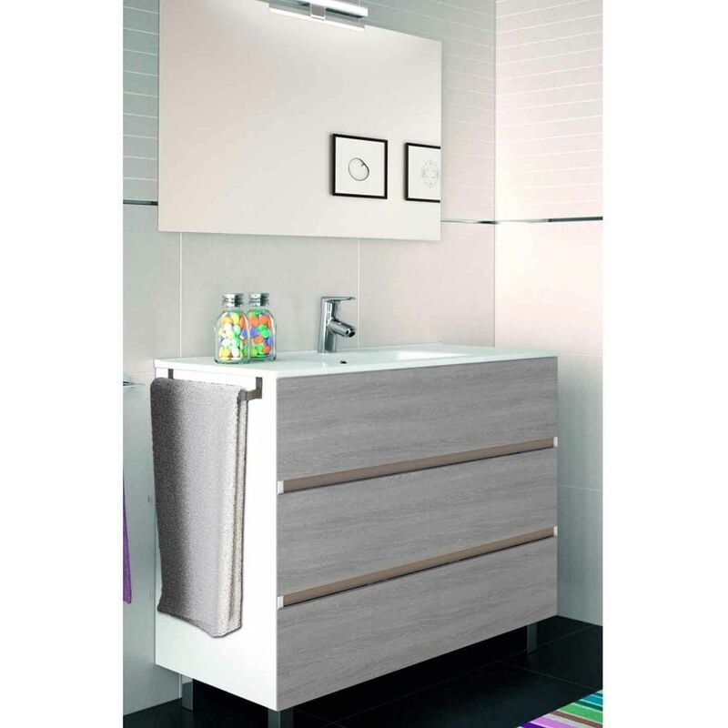 foto del prodotto allstone - set da bagno imperia 3 cassetti - 10 colori diversi - 15 misure - include mobile, lavabo e specchio - combi (bianco e smoky) 90x45cm