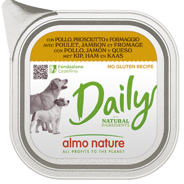 foto del prodotto almo nature daily menù dog 100 gr - pollo, prosciutto e formaggio - confezione da 32 pezzi - cibo umido per cani - 1 ordine scegli lo sconto bzr5 bzr20 200 punti fedeltà