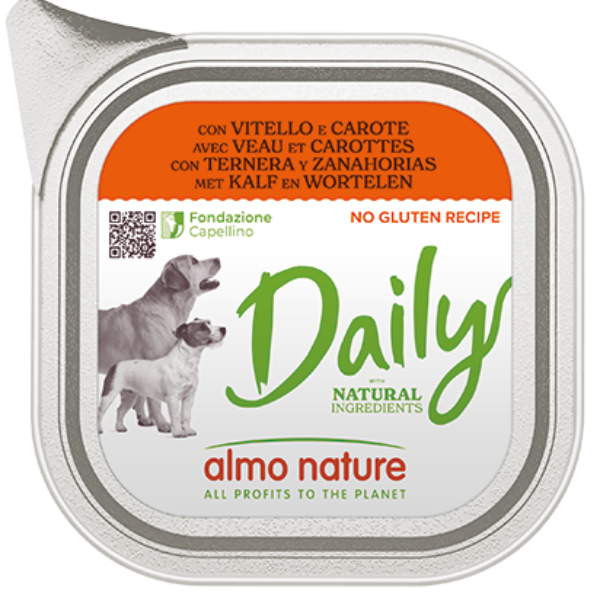 foto del prodotto almo nature daily menù dog 100 gr - vitello e carote - confezione da 32 pezzi - cibo umido per cani - 1 ordine scegli lo sconto bzr5 bzr20 200 punti fedeltà