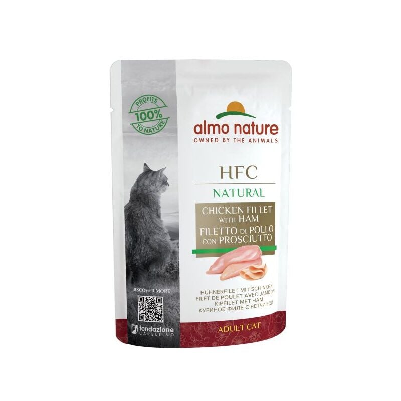 foto del prodotto almo nature gatto hfc natural gatto busta 55gr filetto di pollo con prosciutto