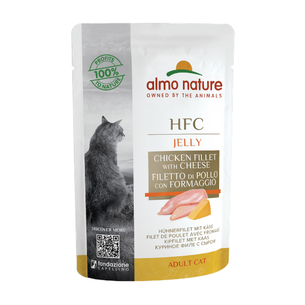 foto del prodotto almo nature hfc jelly adult 55 gr - pollo e formaggio - confezione da 24 pezzi - cibo monoproteico gatto - 1 ordine scegli lo sconto bzr5 bzr20 200 punti fedeltà