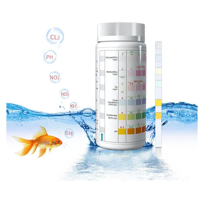 foto del prodotto alovez 100 pezzi 6 in 1 strisce reattive per acquario, test ph nitrito nitrato cloro strisce reattive per acquario d acqua dolce, bianco, 11.4.53cm