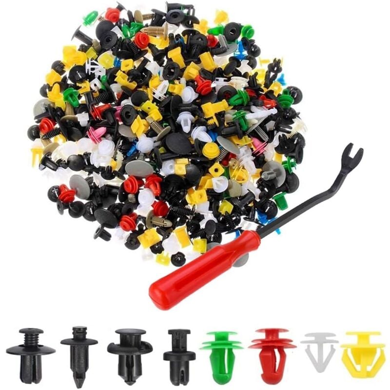 foto del prodotto alovez 500 pezzi di clip di fissaggio per auto, rivetti, strumenti di rimozione universali in plastica per pannelli porta auto.