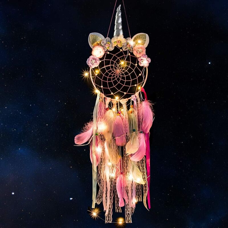 foto del prodotto alovez acchiappasogni unicorno con piume, acchiappasogni fatto a mano a forma di fiore rosa per bambine, decorazione da parete per camera da letto