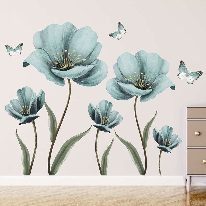 foto del prodotto alovez adesivi murali con fiori blu da sogno, farfalle creative, adesivi murali dipinti, dipinti romantici, decorazioni artistiche in vinile