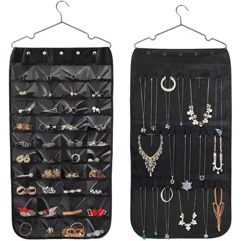 foto del prodotto alovez borsa portagioielli sospesa, 40 tasche biadesive e 20 ganci adesivi, pieghevole, per anelli, orecchini, collane e braccialetti nero .