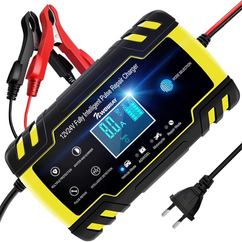 foto del prodotto alovez caricabatterie portatile intelligente da 8 a 12 v 24 v con schermo lcd touch screen, protezioni multiple, giallo