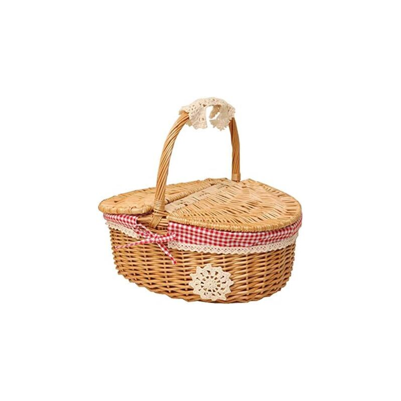 foto del prodotto alovez cestino da picnic con coperchio in vimini intrecciato in rattan, cestino in stile country con colori rosso e bianco